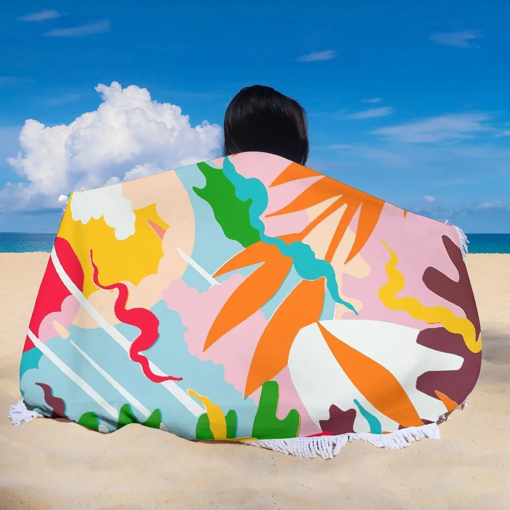 Colorful Tropical Plants Beach Towel Summer Colorful Round Beach Towel