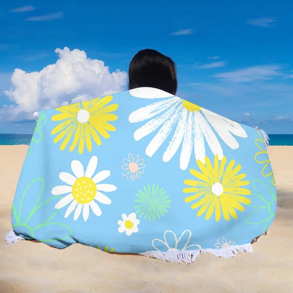 Summer White Yellow Flowers Daisy Round Beach Towel Sunflower Blue Large Circular Yoga Mat