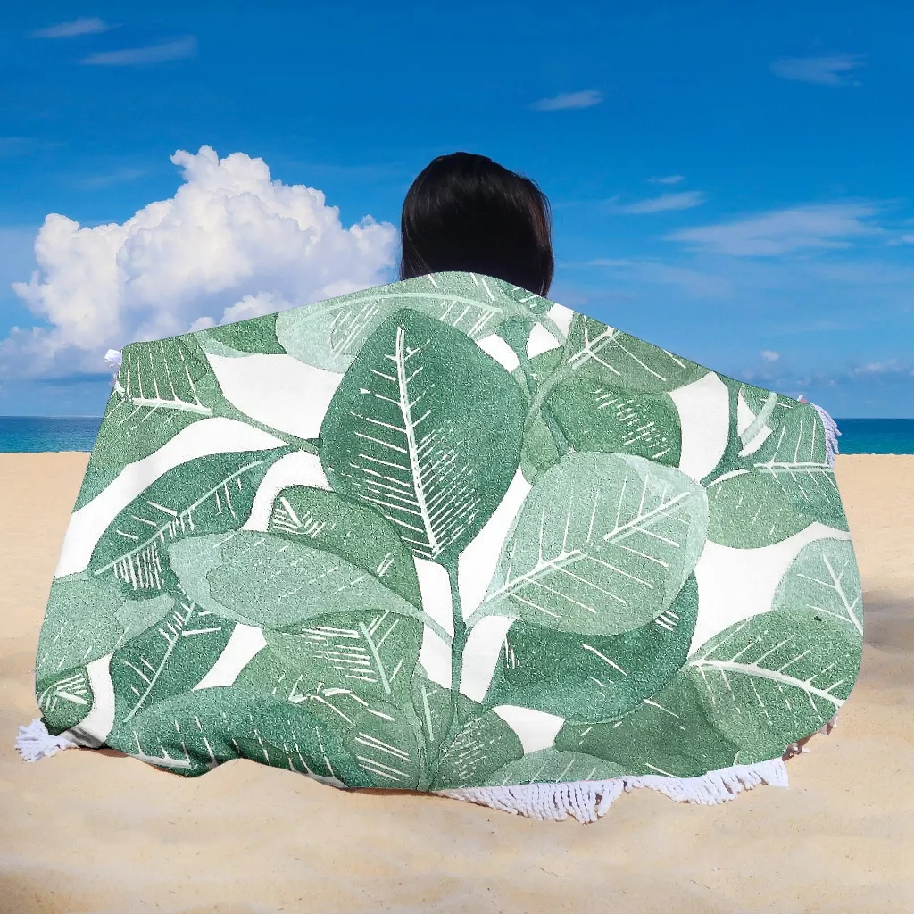 Large Microfiber Terry Round Beach Towel Summer Green Plant Leaf Beach Towel Yoga Mat Blanket