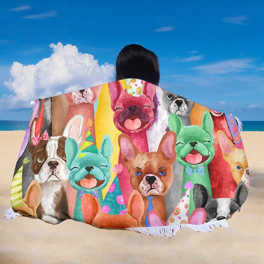 Colorful Frenchie Dog Round Beach Towel Blanket For Kids Boys Girls