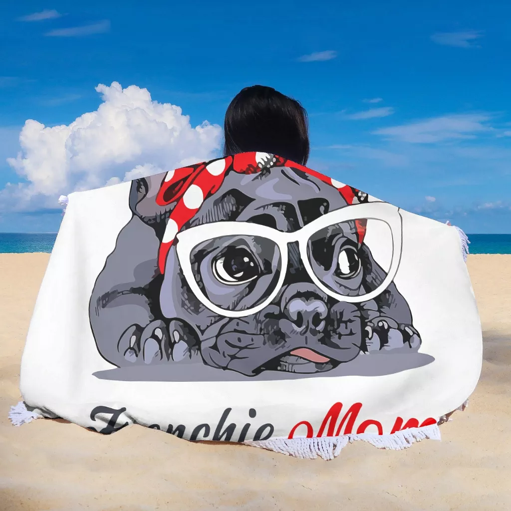 Frenchie Mom Round Beach Towel Blanket Dog Animal Circular Microfiber Terry Beach Towel