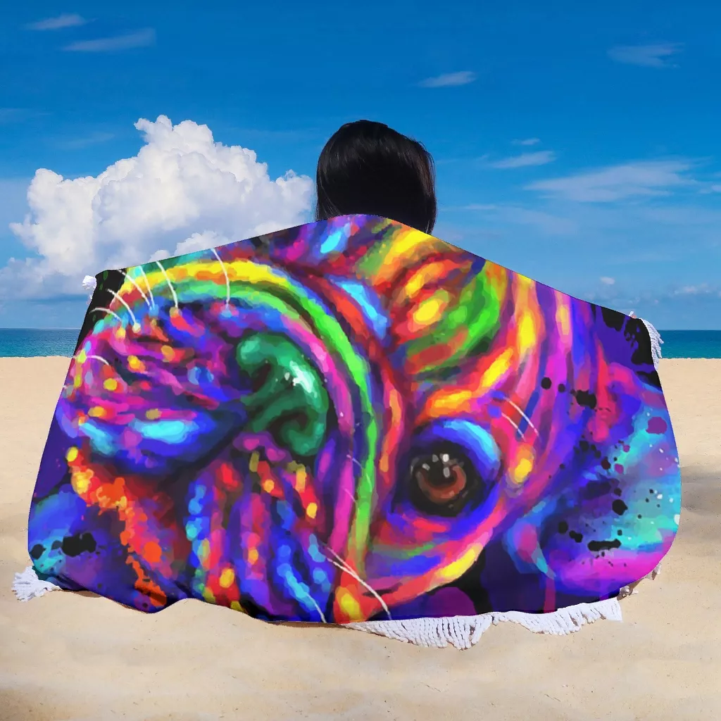 Graffiti Dog French Bulldog Beach Towel Blanket Thick Microfiber Round Beach Towels With Tassels