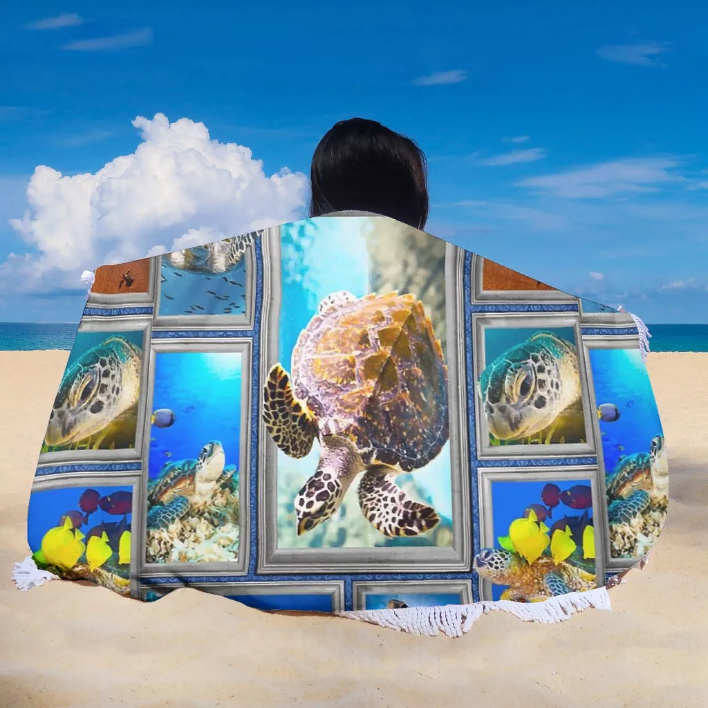 Blue Sea Turtle Round Beach Towel Circle Picnic Mat Tablecloth Blanket