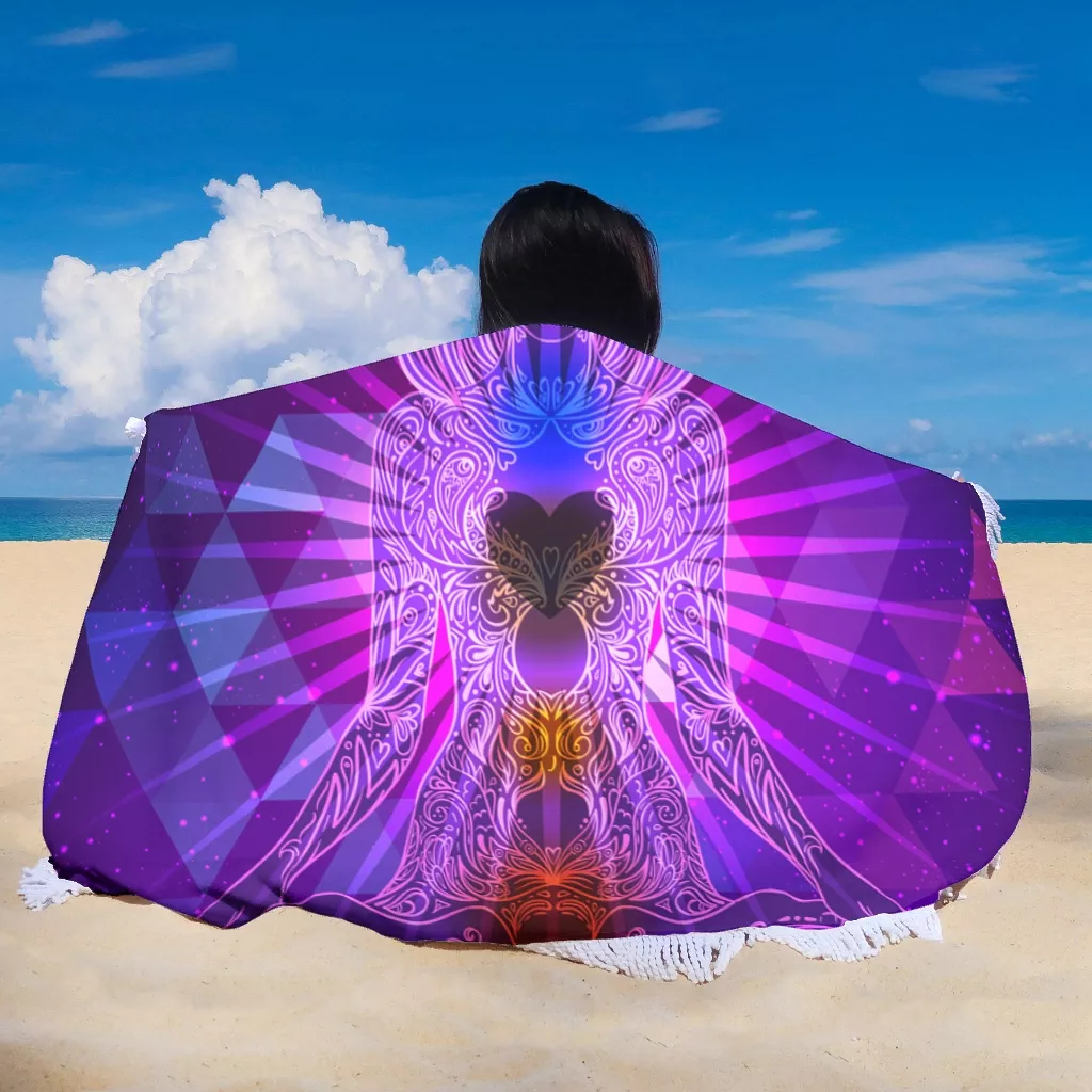 Yoga Woman Round Beach Towel Indian Hippie Purple Geometry Beach Blanket Yoga Mat With Tassels