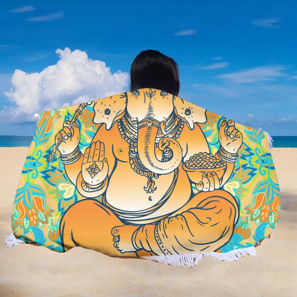 Yellow Blue Floral Yoga Elephant Round Beach Towel Blanket With Fringe Microfiber Large Plush Mat