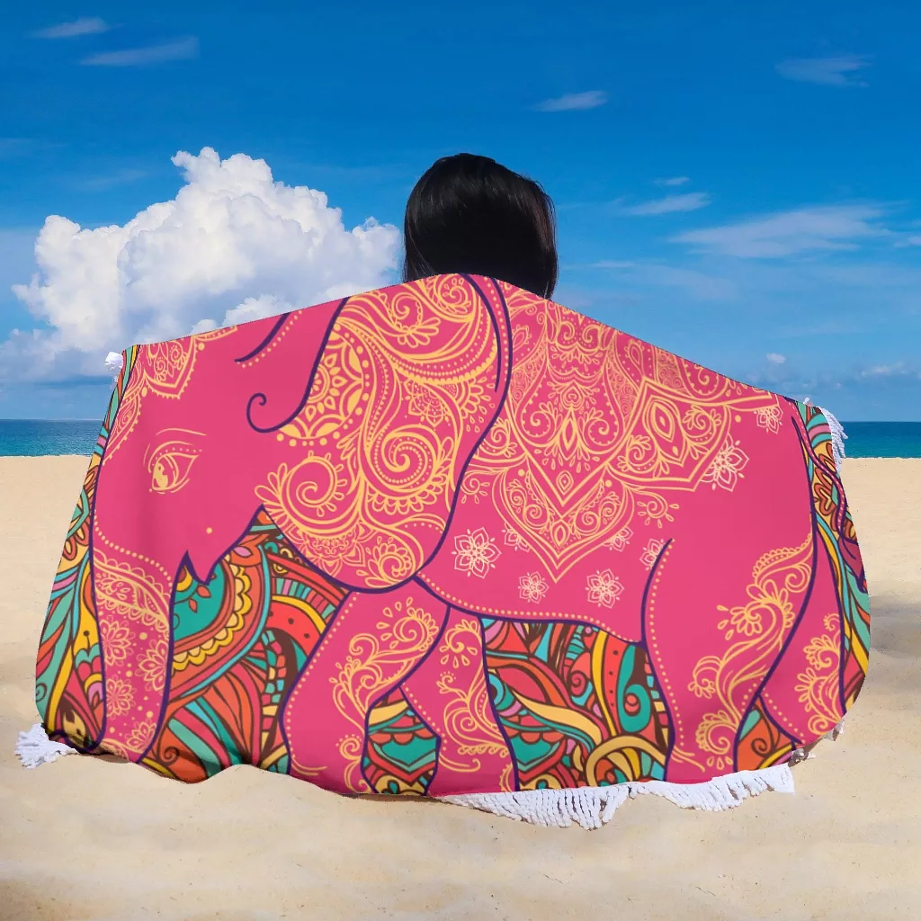 India Yoga Elephant Round Beach Towel Blanket Thick High Color Water Absorbent Beach Towel