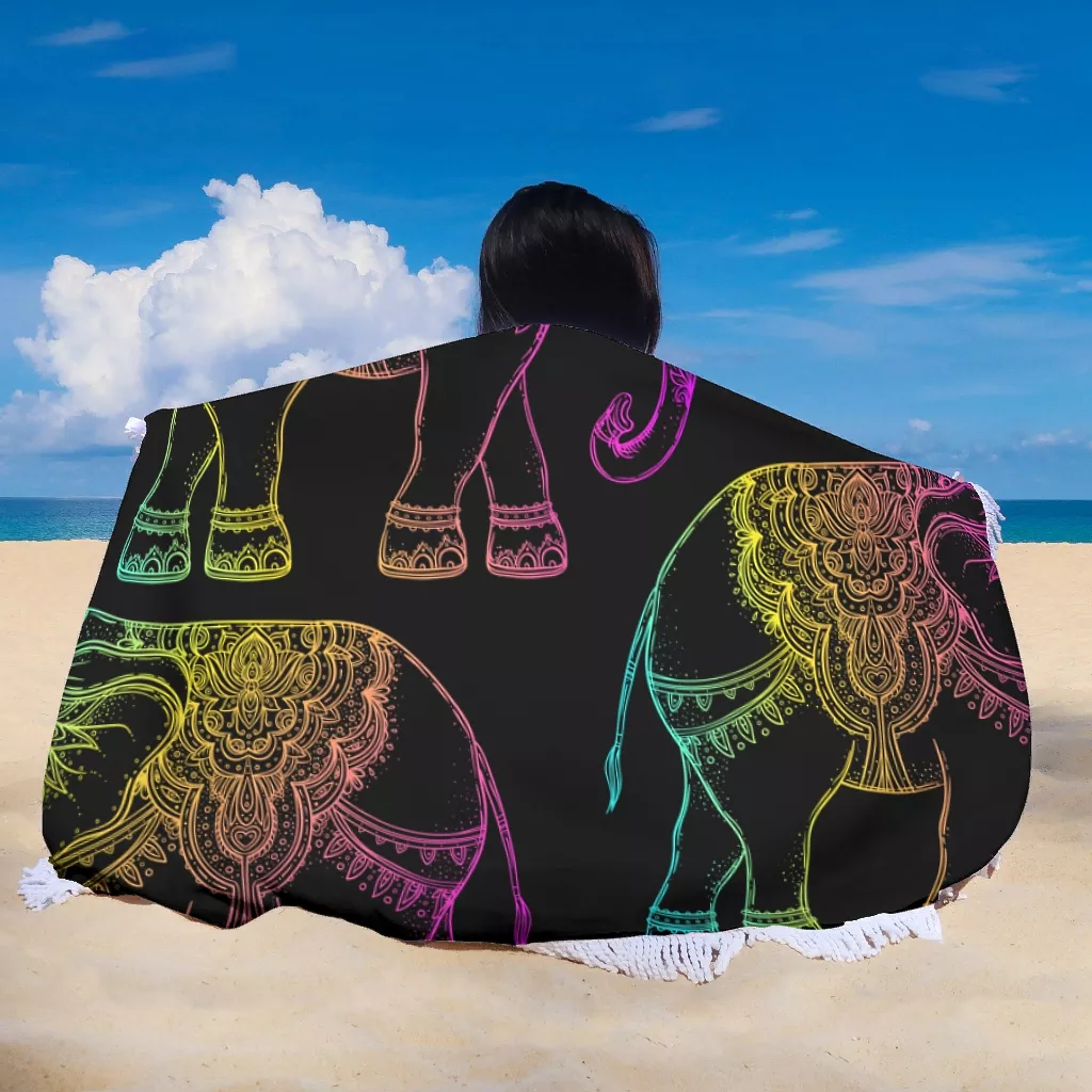 Rainbow Yoga Elephant Indian Round Beach Towel Blanket Throw With Tassel Microfiber Yoga Mat