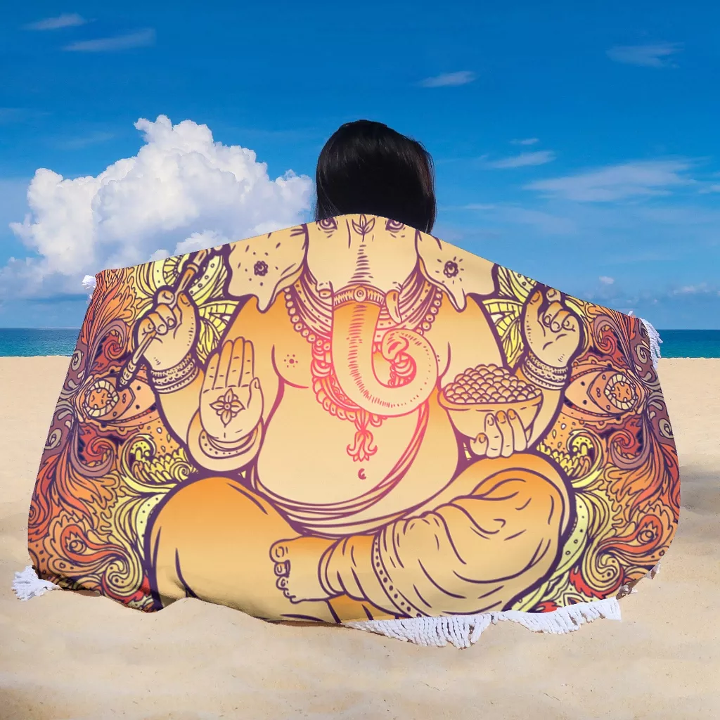 Cool Yoga Elephant Round Beach Towel Blanket With Tassels Multi-purpose Beach Throw Yoga Mat