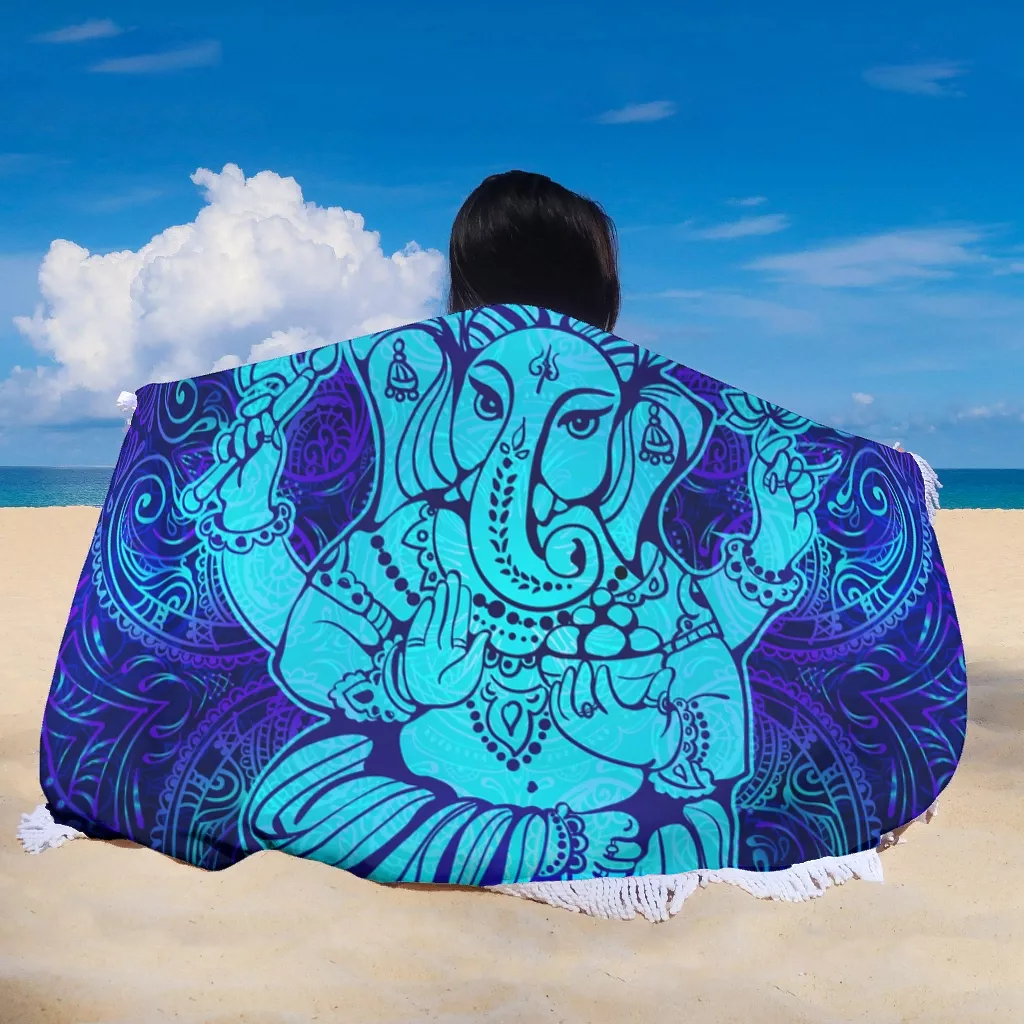 Blue Yoga Elephant Round Beach Towel Blanket Big Circle Beach Towels Yoga Mat Tapestry